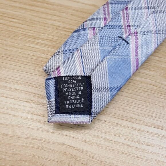 MICHAEL KORS Mens Neck Tie Blue Gray Check Plaid Classic Pointed Silk Blend - Picture 4 of 6